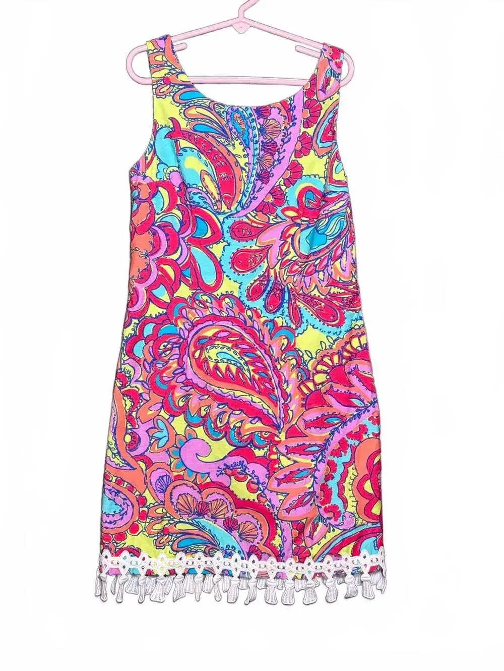 Lilly Pulitzer Girls Size 12 Paisley Shift Dress Tassel Fringe Hem Colorful